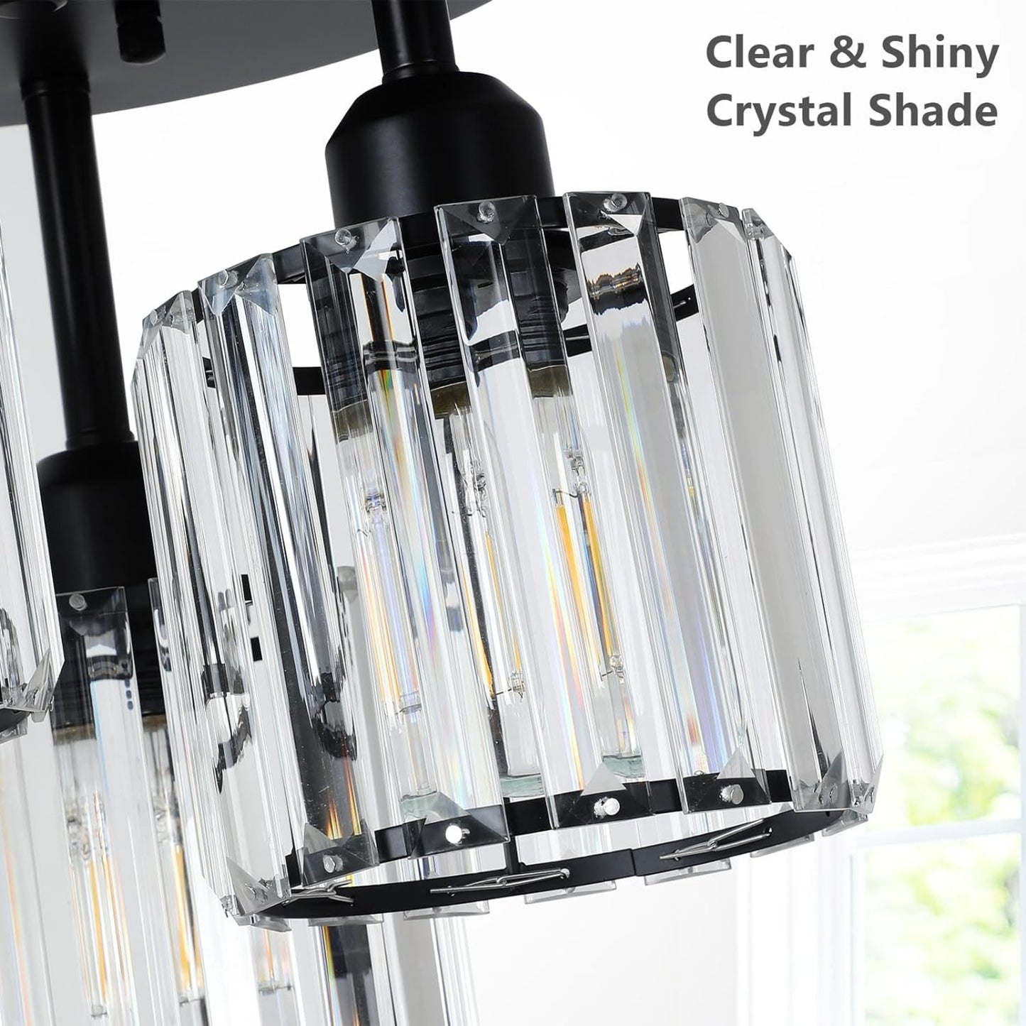 Crystal Semi Flush Mount Ceiling Light,3-Light Modern Close To Ceiling Light Fixtures,Black Kitchen