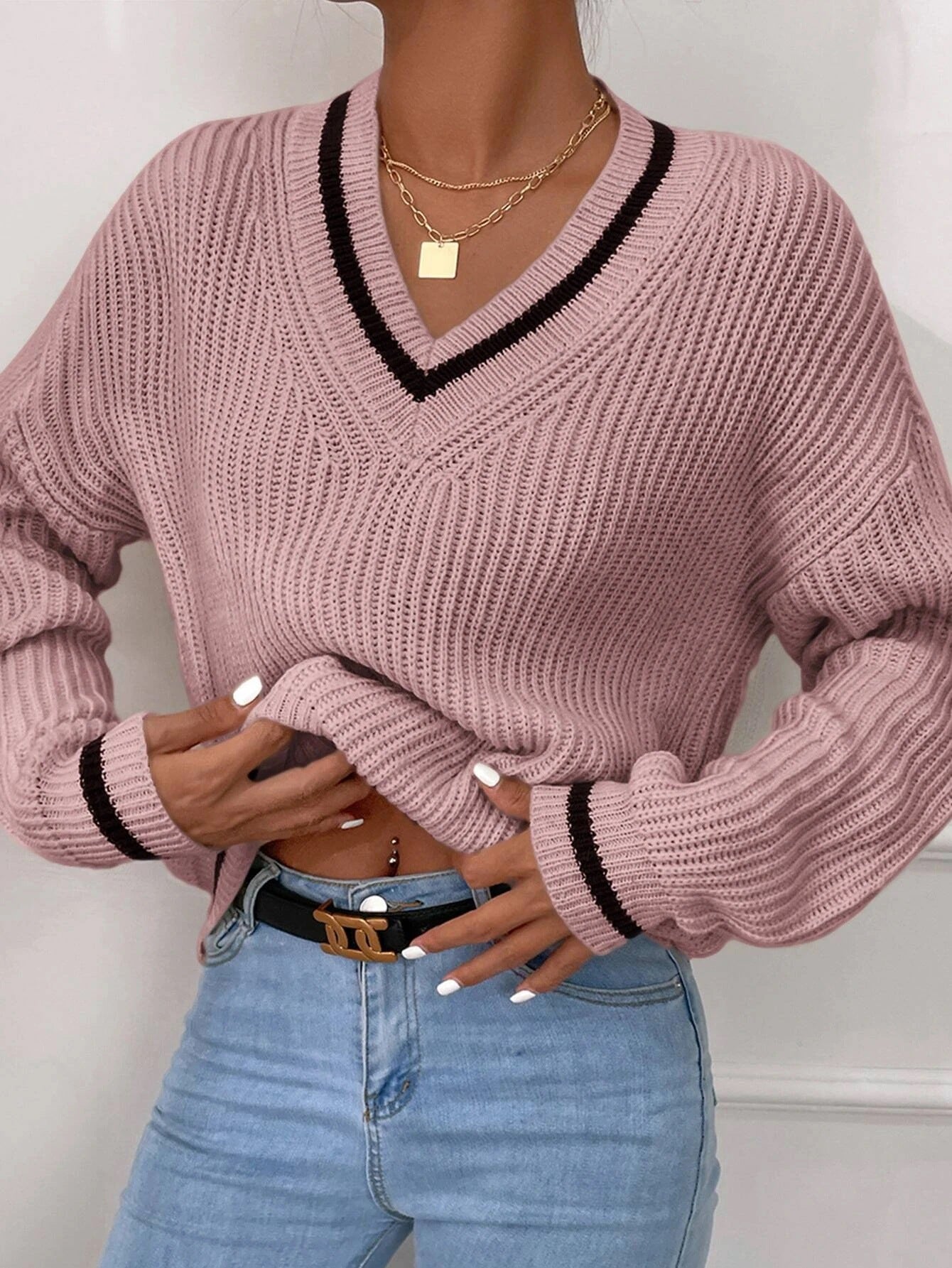 Women's Clothes Cable Knit V Neck Sweaters Casual Long Sleeve Striped Pullover Sweater Trendy Loose Preppy Jumper Top