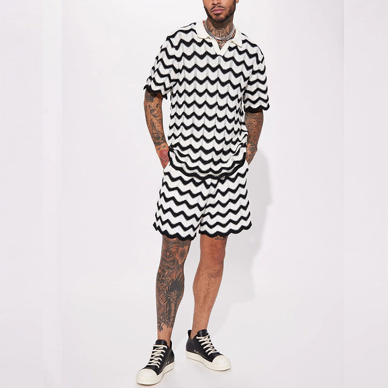 Woolen Short-sleeved Shirt Casual Shorts Wavy Wool Shirt Two-piece Suit