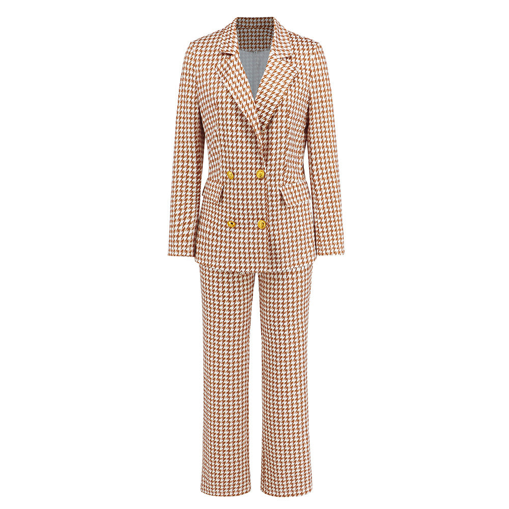 Women's Fashion Houndstooth Double Breasted Blazer Slim-fit Straight Trousers Suit