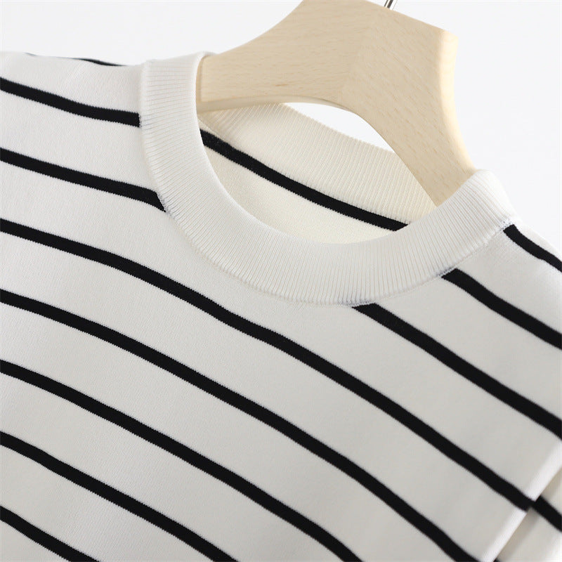 Right-angle Shoulder Sleeveless Striped Ice Silk Round Neck Vest Top Sweater