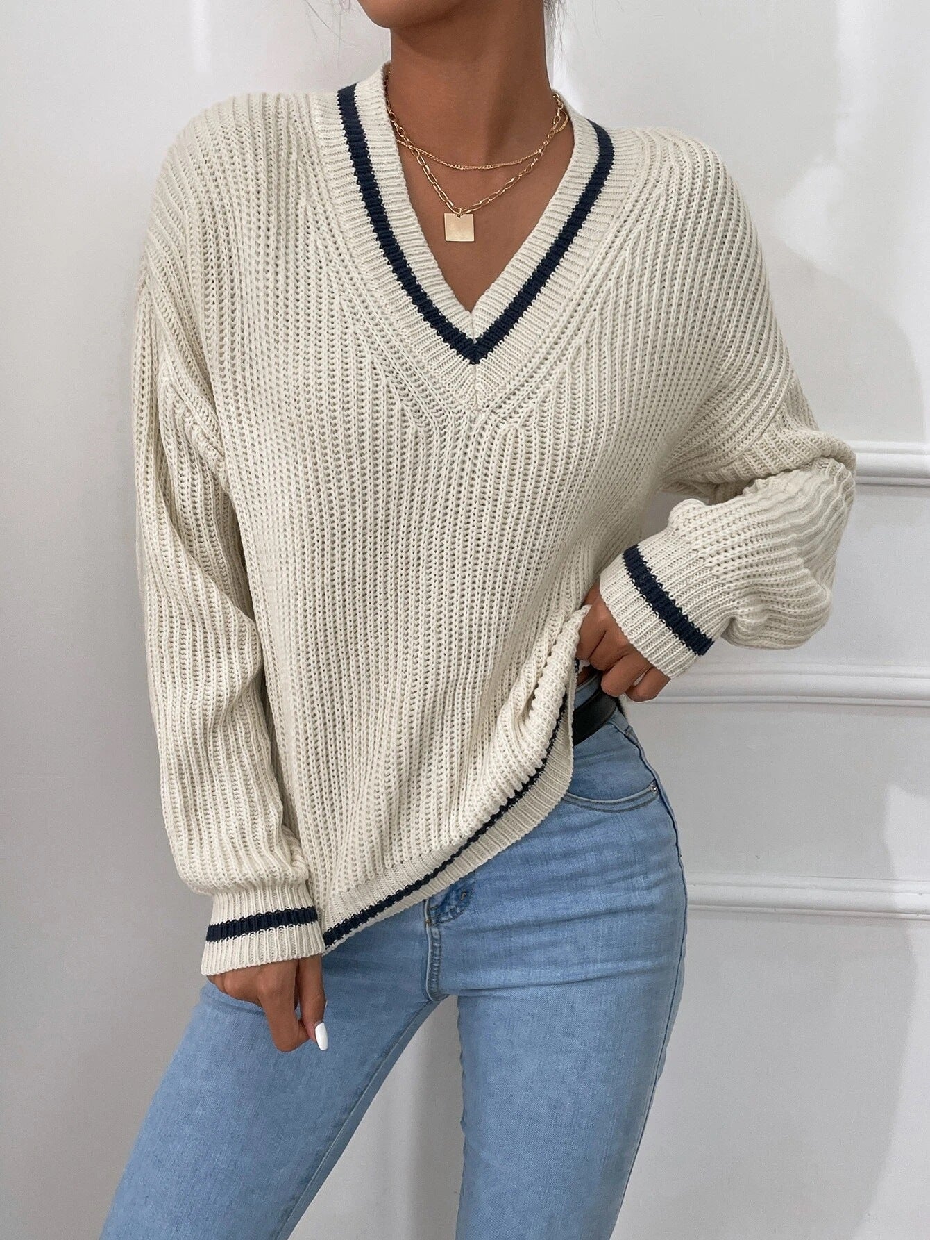 Women's Clothes Cable Knit V Neck Sweaters Casual Long Sleeve Striped Pullover Sweater Trendy Loose Preppy Jumper Top