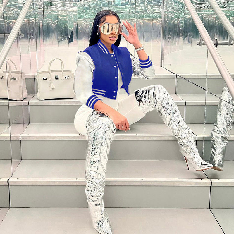 Women's Fashion Embroidery Stitching Slim-fit Baseball Uniform Coat