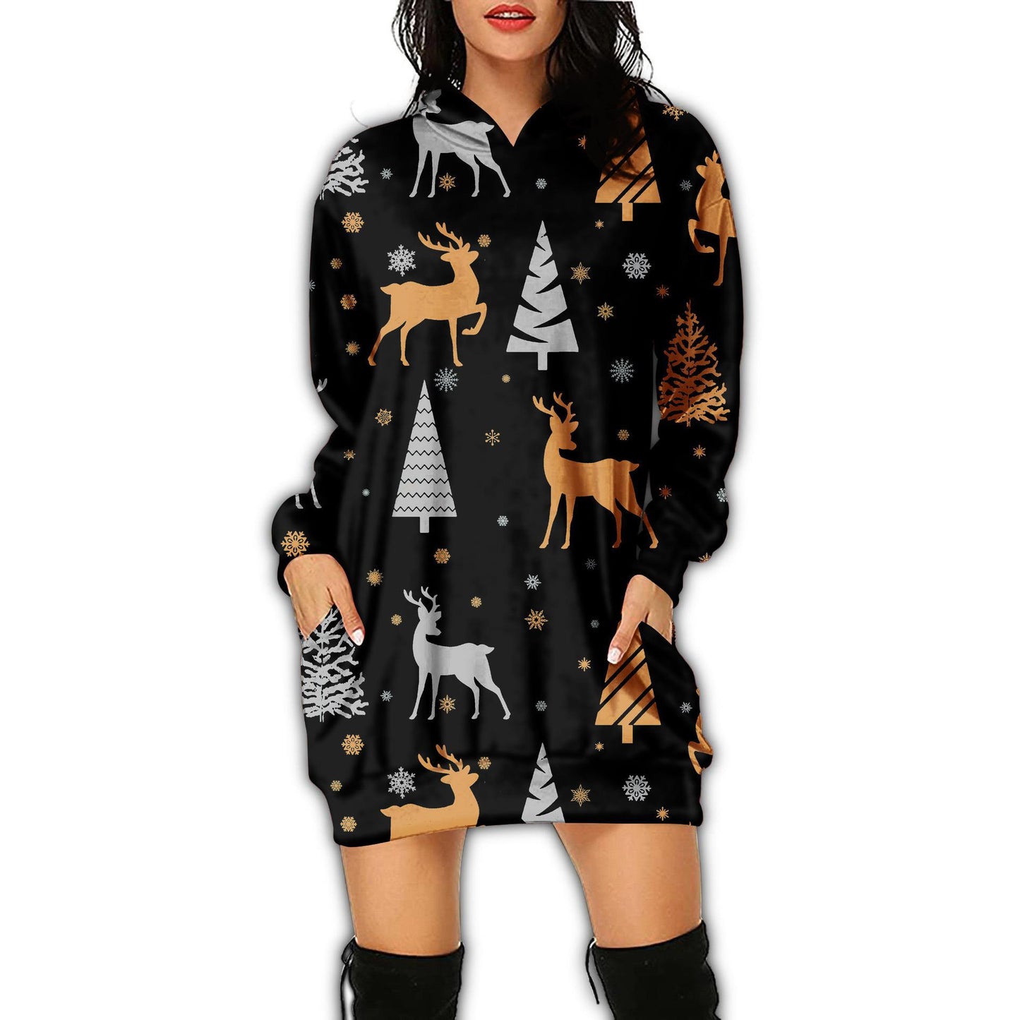 Women's Fashion Casual Printing Long-sleeved Hooded Dress