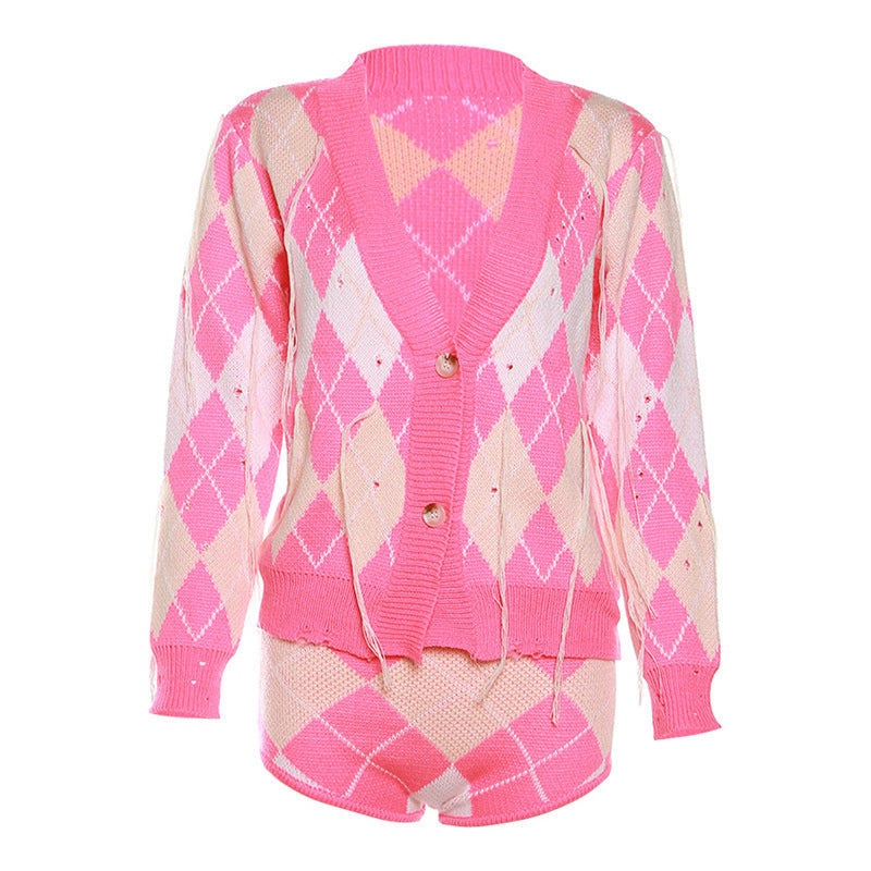Women's Fashion Color Contrast Tassel Jacket High Waist Slim Shorts Suit