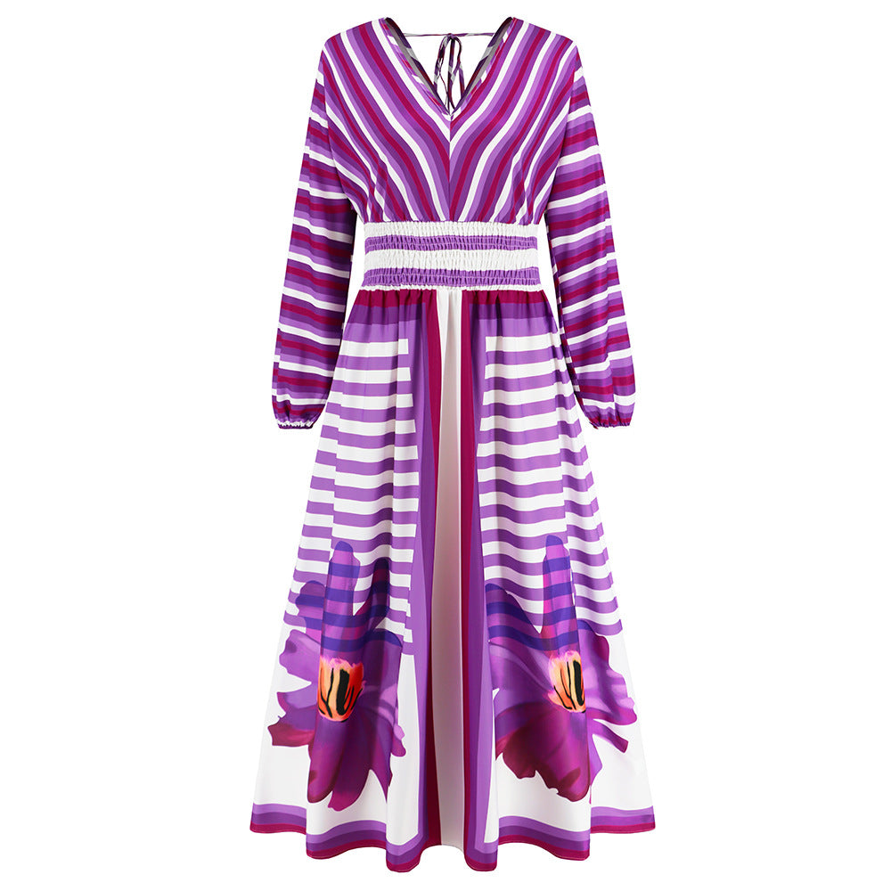 Women's Temperament Long Sleeve V-neck Swing Printed Dress