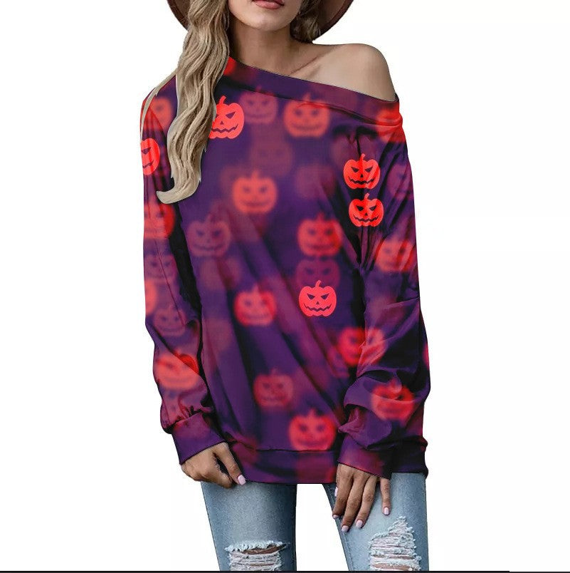 Women's Fashion Casual Printing Shoulder Long-sleeved Sweater