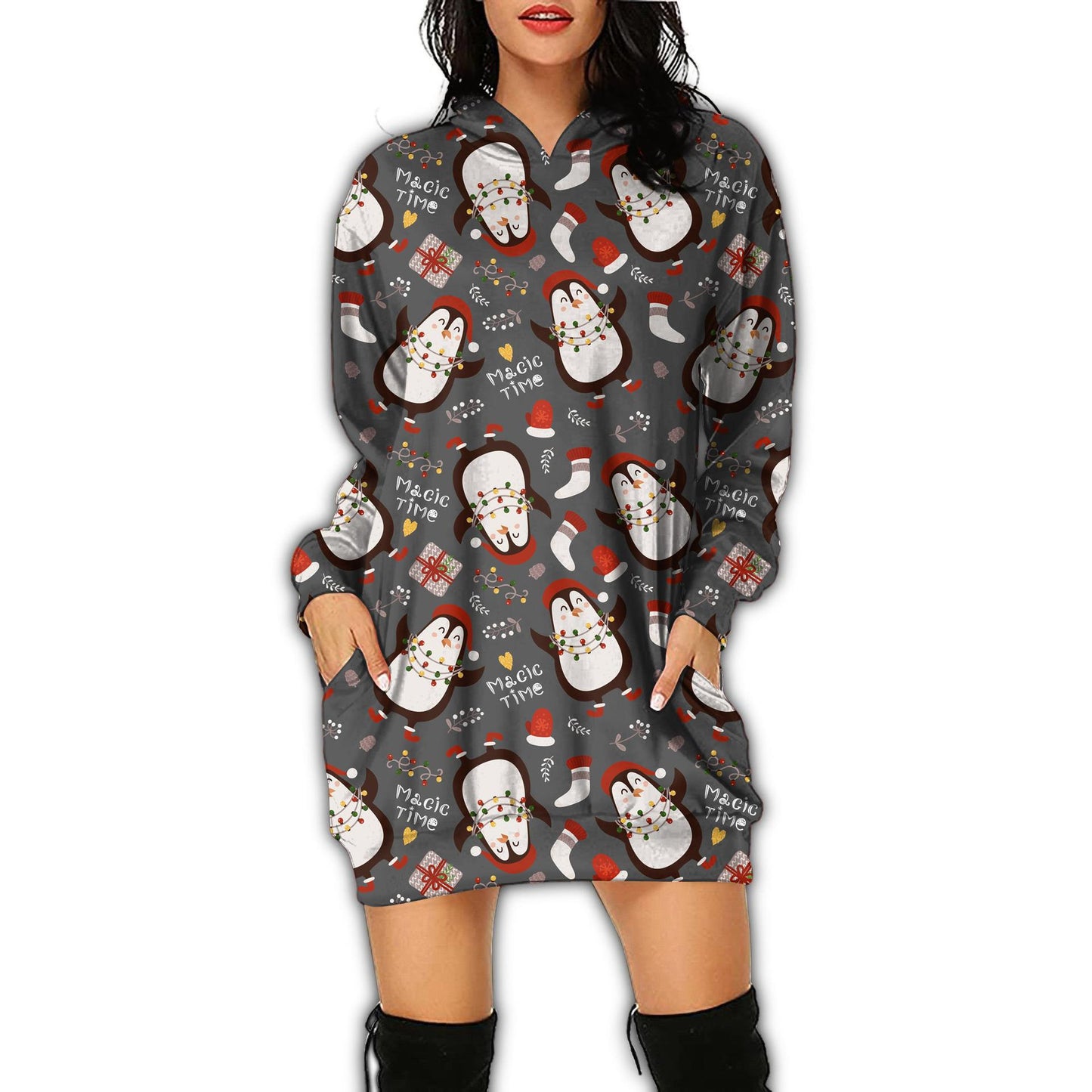 Women's Fashion Casual Printing Long-sleeved Hooded Dress