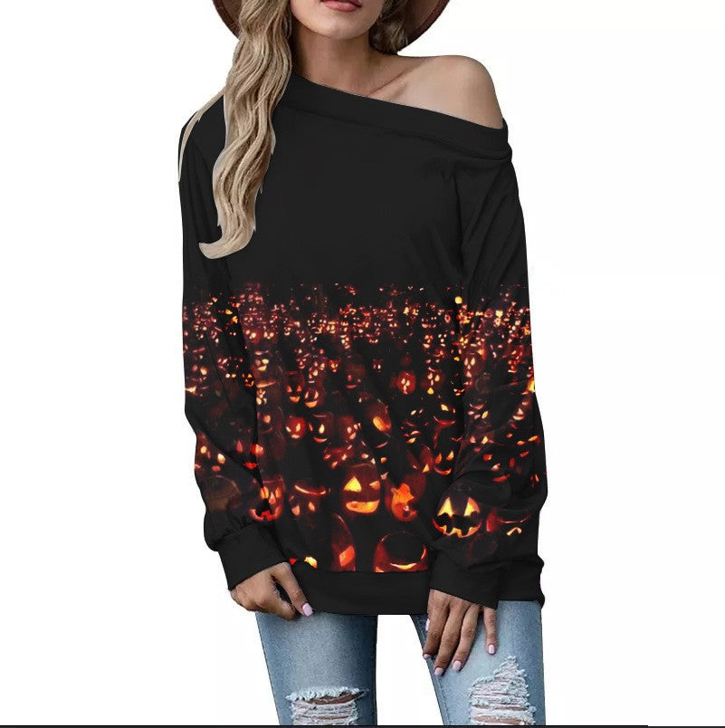 Women's Fashion Casual Printing Shoulder Long-sleeved Sweater