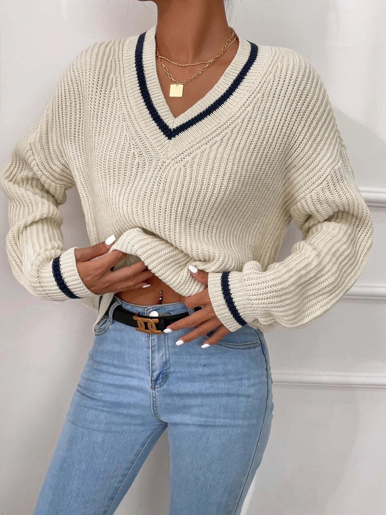Women's Clothes Cable Knit V Neck Sweaters Casual Long Sleeve Striped Pullover Sweater Trendy Loose Preppy Jumper Top