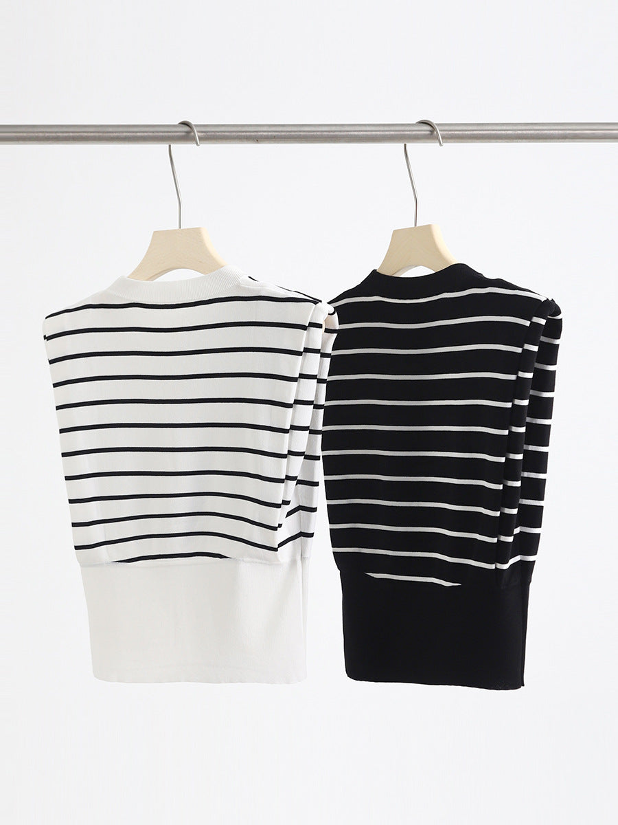 Right-angle Shoulder Sleeveless Striped Ice Silk Round Neck Vest Top Sweater
