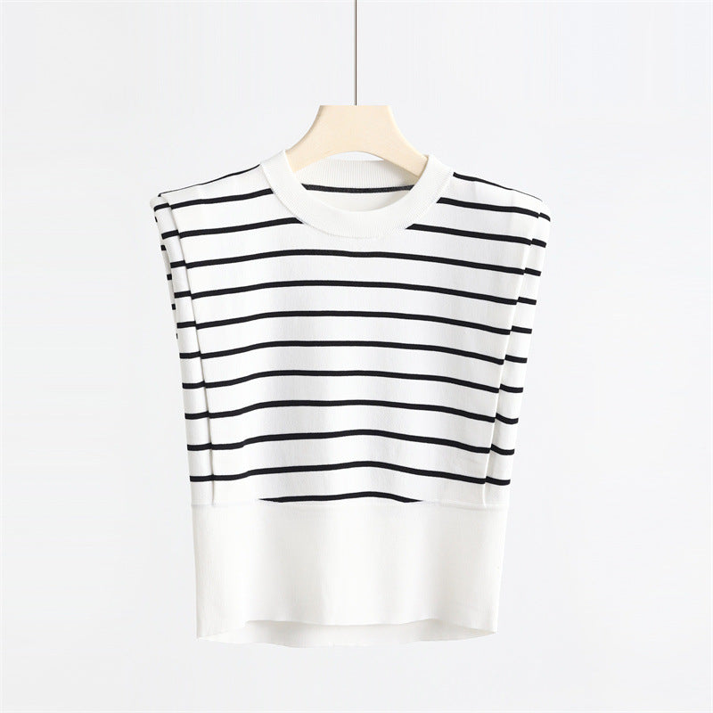 Right-angle Shoulder Sleeveless Striped Ice Silk Round Neck Vest Top Sweater