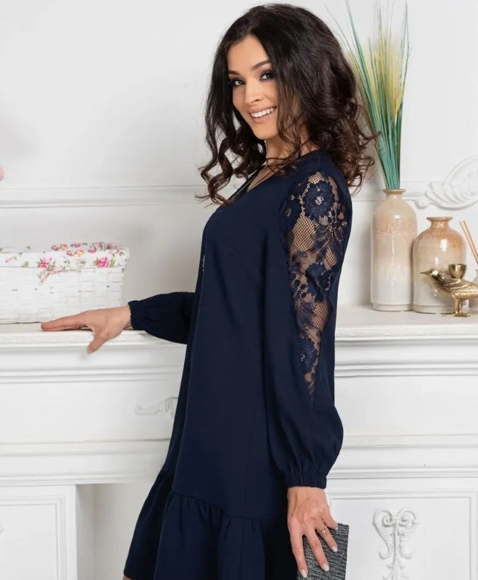 Round Neck Long Sleeve Hollow Lace Sleeve Slim Fit Patchwork Dress