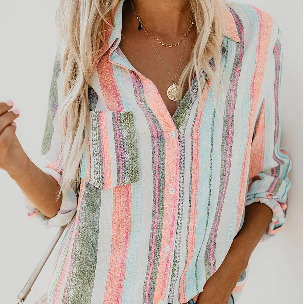 European And American Women's Clothing Striped Lapel Long-sleeved Cardigan Single-breasted Shirt For Women