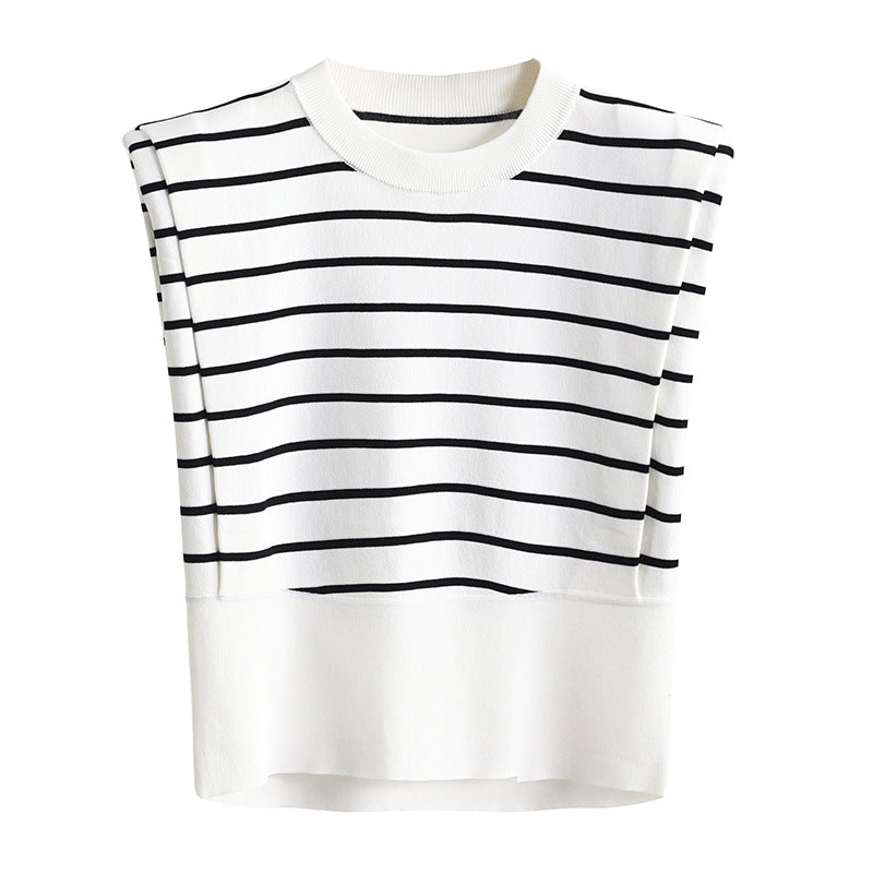 Right-angle Shoulder Sleeveless Striped Ice Silk Round Neck Vest Top Sweater