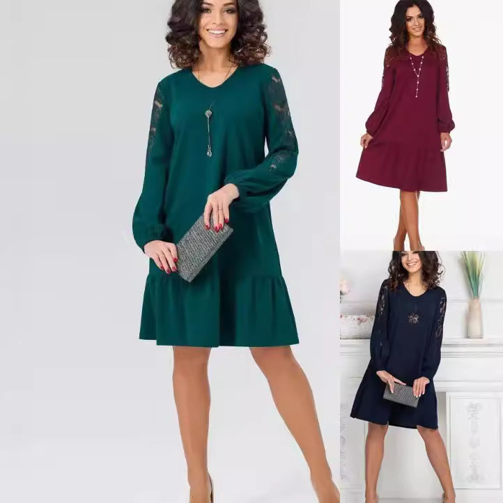 Round Neck Long Sleeve Hollow Lace Sleeve Slim Fit Patchwork Dress