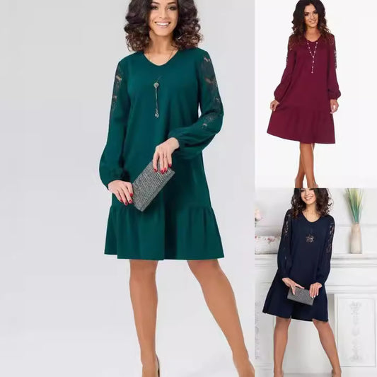 Round Neck Long Sleeve Hollow Lace Sleeve Slim Fit Patchwork Dress