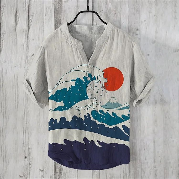 Literary Men's Ocean Print Linen Short Sleeve Loose Casual Top