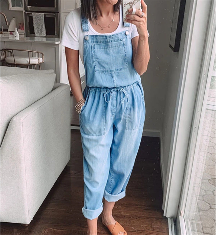 Casual Drawstring Denim Overalls