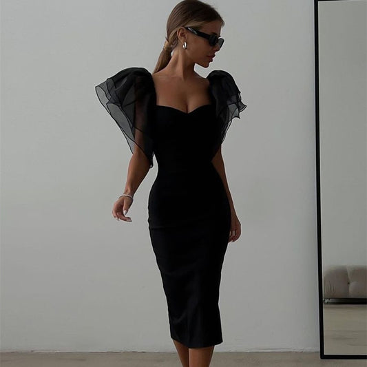 Women's Temperament Mesh Ruffle Sleeve Square Collar Hip-wrapped Mid-length Dress