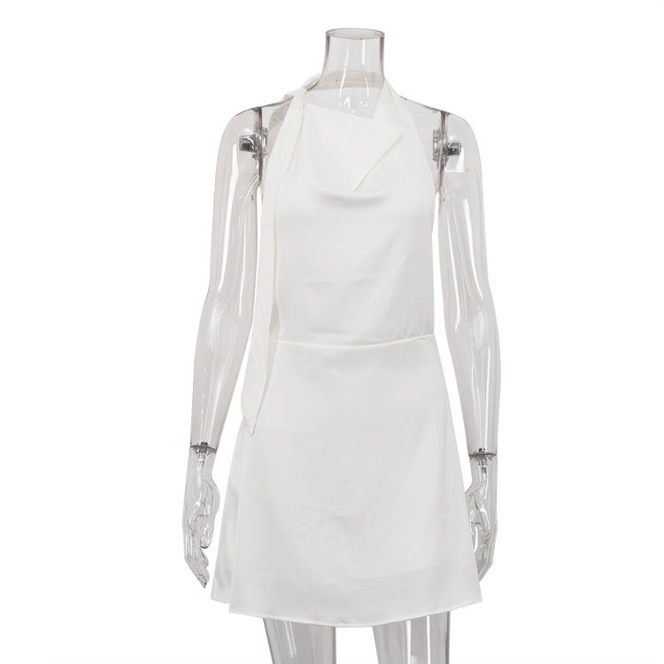 Satin Draping Halter-neck A-line Dress With Tie Details