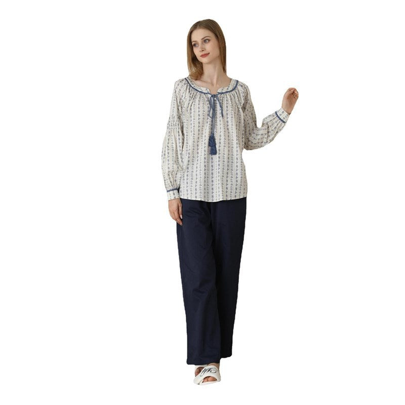 Pyjamas Women Korean Version Striped Round Neck With Simple Long Sleeve Trousers Set Cotton Home Wear