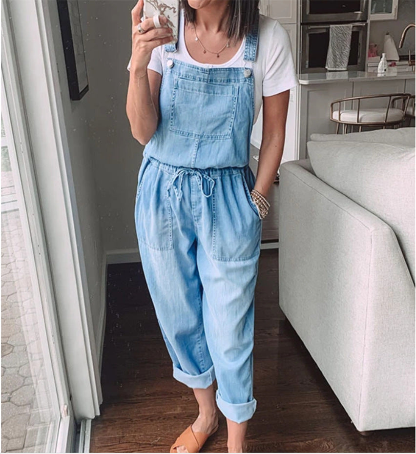 Casual Drawstring Denim Overalls