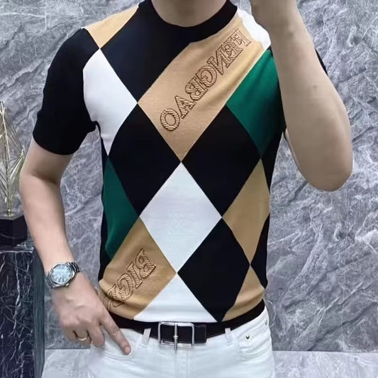 Men's Ice Silk Short Sleeve Stylish Checkered T-shirt