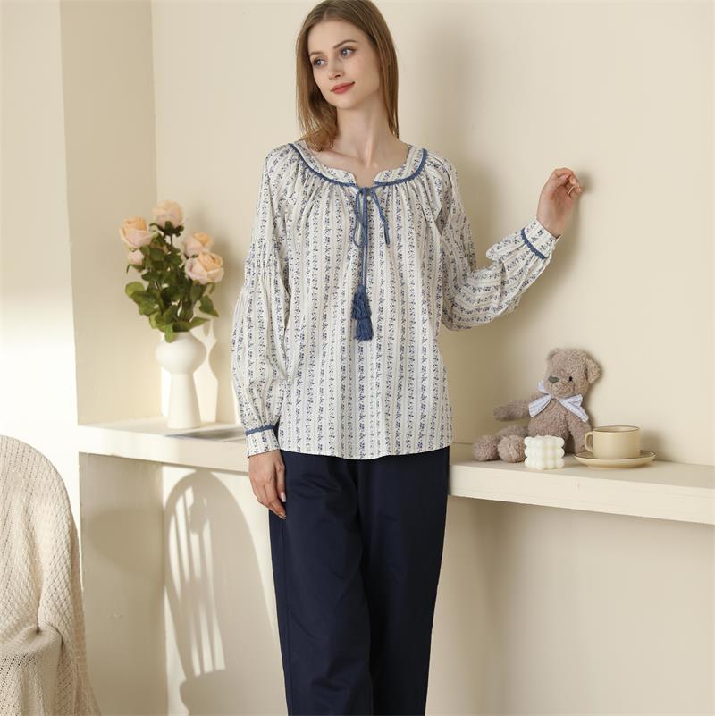 Pyjamas Women Korean Version Striped Round Neck With Simple Long Sleeve Trousers Set Cotton Home Wear