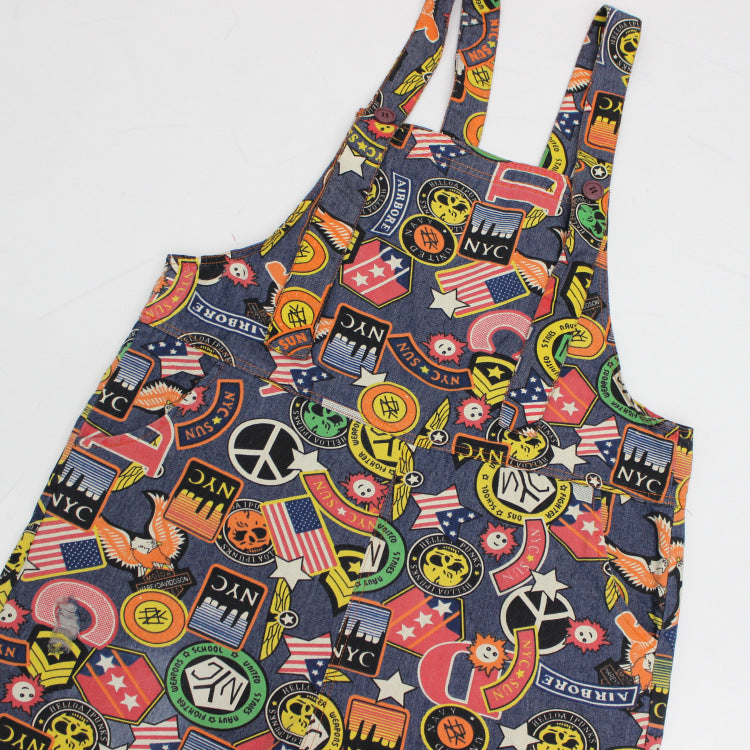 Printed denim bib overalls