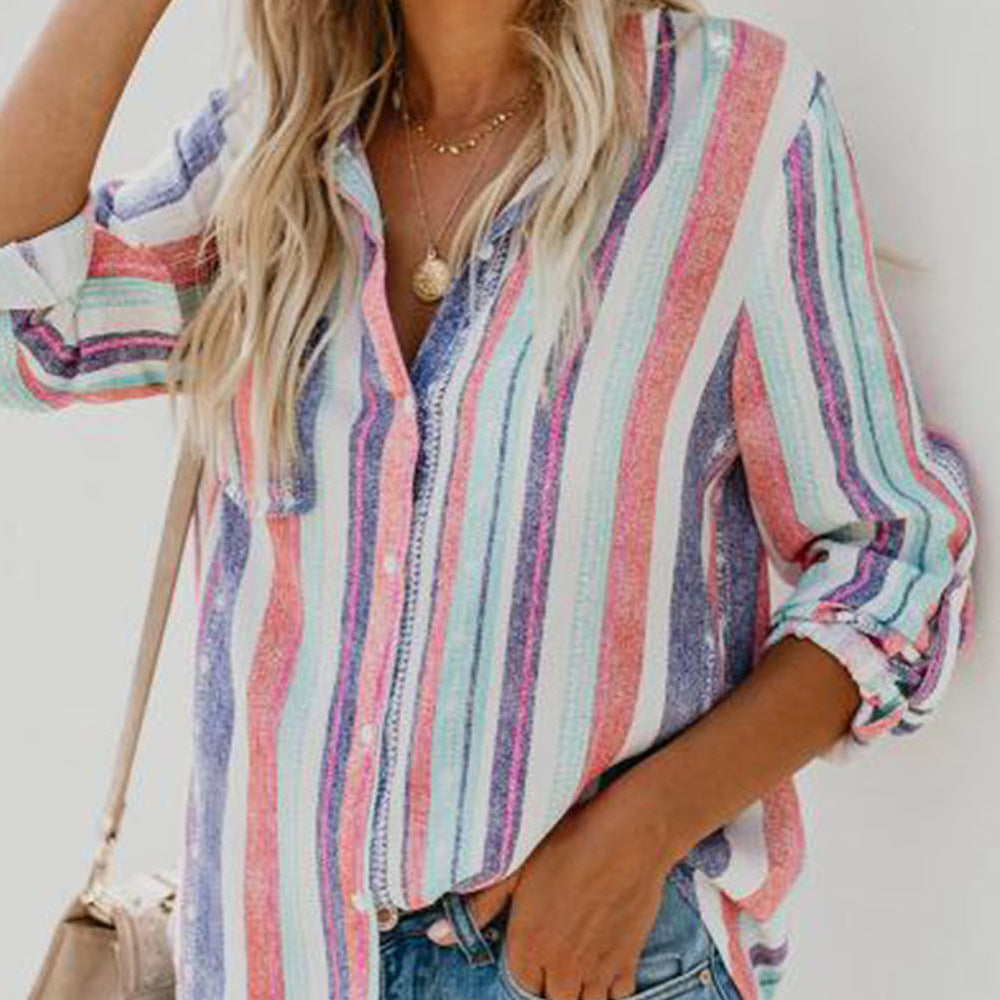 European And American Women's Clothing Striped Lapel Long-sleeved Cardigan Single-breasted Shirt For Women