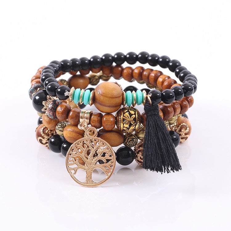 Lucky Tree Wooden Bead Tassel Bracelet Alloy