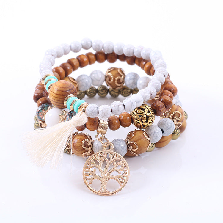 Lucky Tree Wooden Bead Tassel Bracelet Alloy