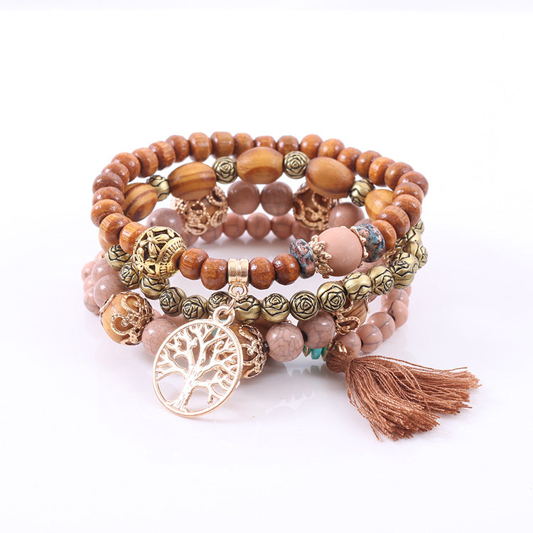 Lucky Tree Wooden Bead Tassel Bracelet Alloy