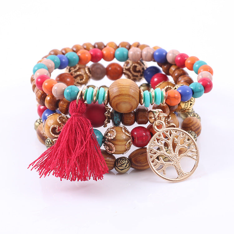 Lucky Tree Wooden Bead Tassel Bracelet Alloy