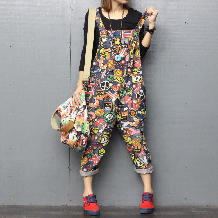 Printed denim bib overalls