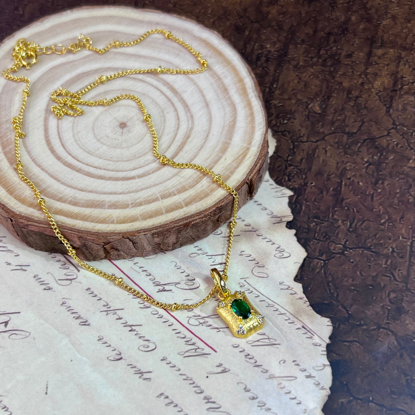Women's Fashion Square Sugar Emerald Zirconia Brushed Pendant Necklace