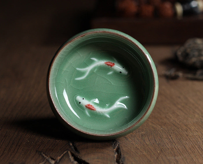 Celadon Tea Set, Tasting Cup, Small Fish Tea Cup, Geyao Ice Cracked Glazed Carp Cup, Small Tea Bowl