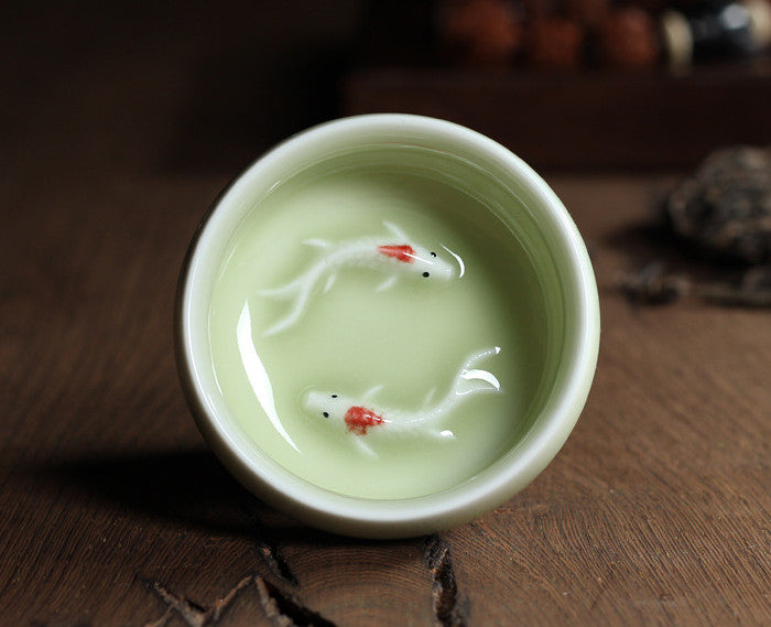 Celadon Tea Set, Tasting Cup, Small Fish Tea Cup, Geyao Ice Cracked Glazed Carp Cup, Small Tea Bowl