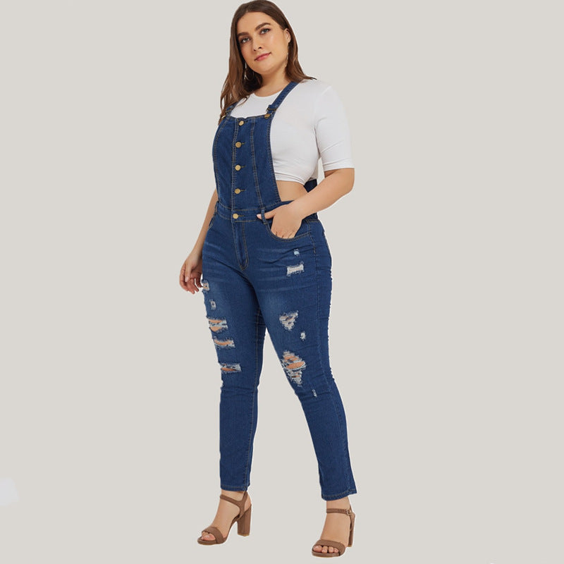 Ripped denim overalls