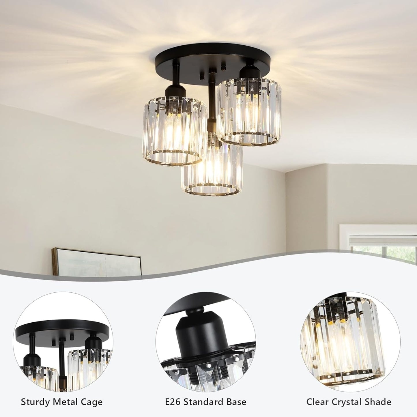Crystal Semi Flush Mount Ceiling Light,3-Light Modern Close To Ceiling Light Fixtures,Black Kitchen