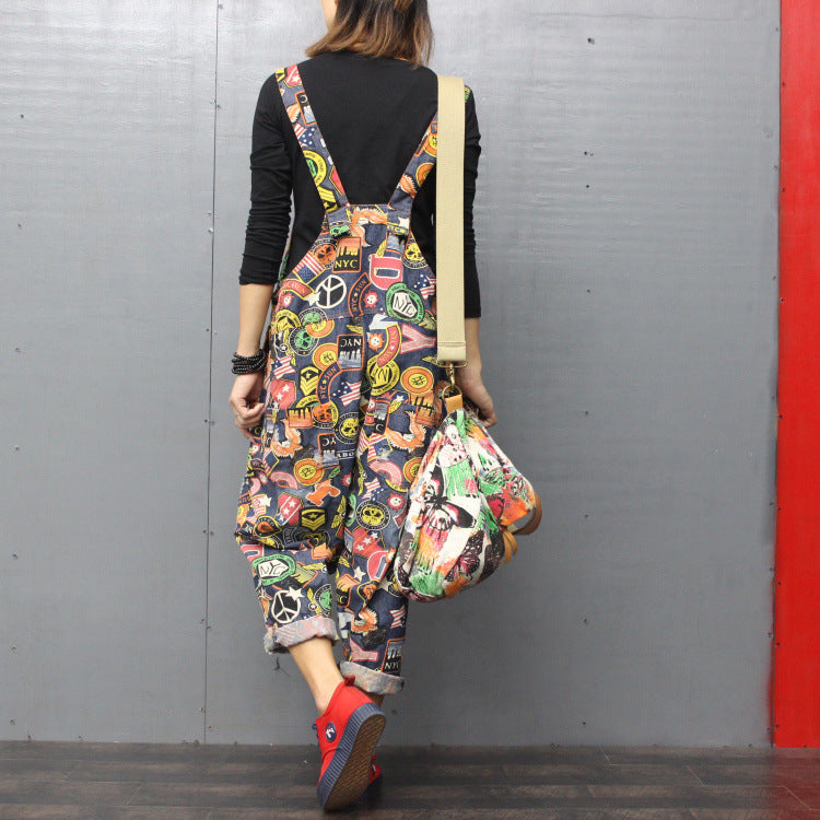 Printed denim bib overalls