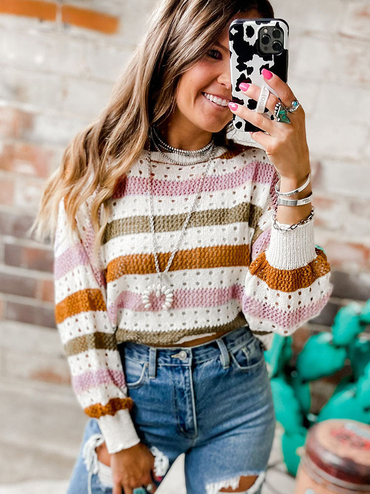 Leisure Personality Stitching Striped Round Neck Sweater