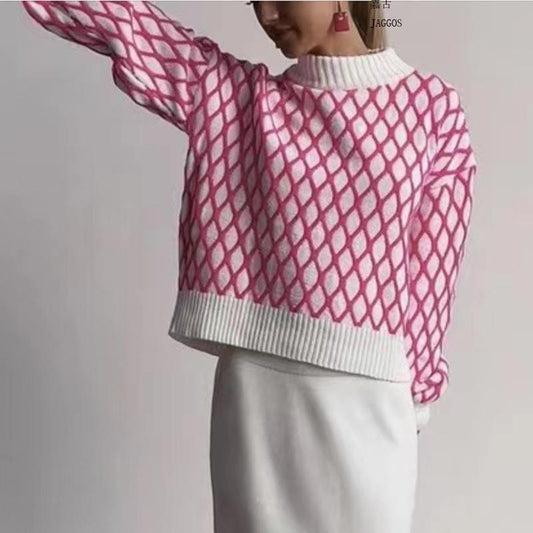 Lantern Sleeve Plaid Loose-fitting Sweater