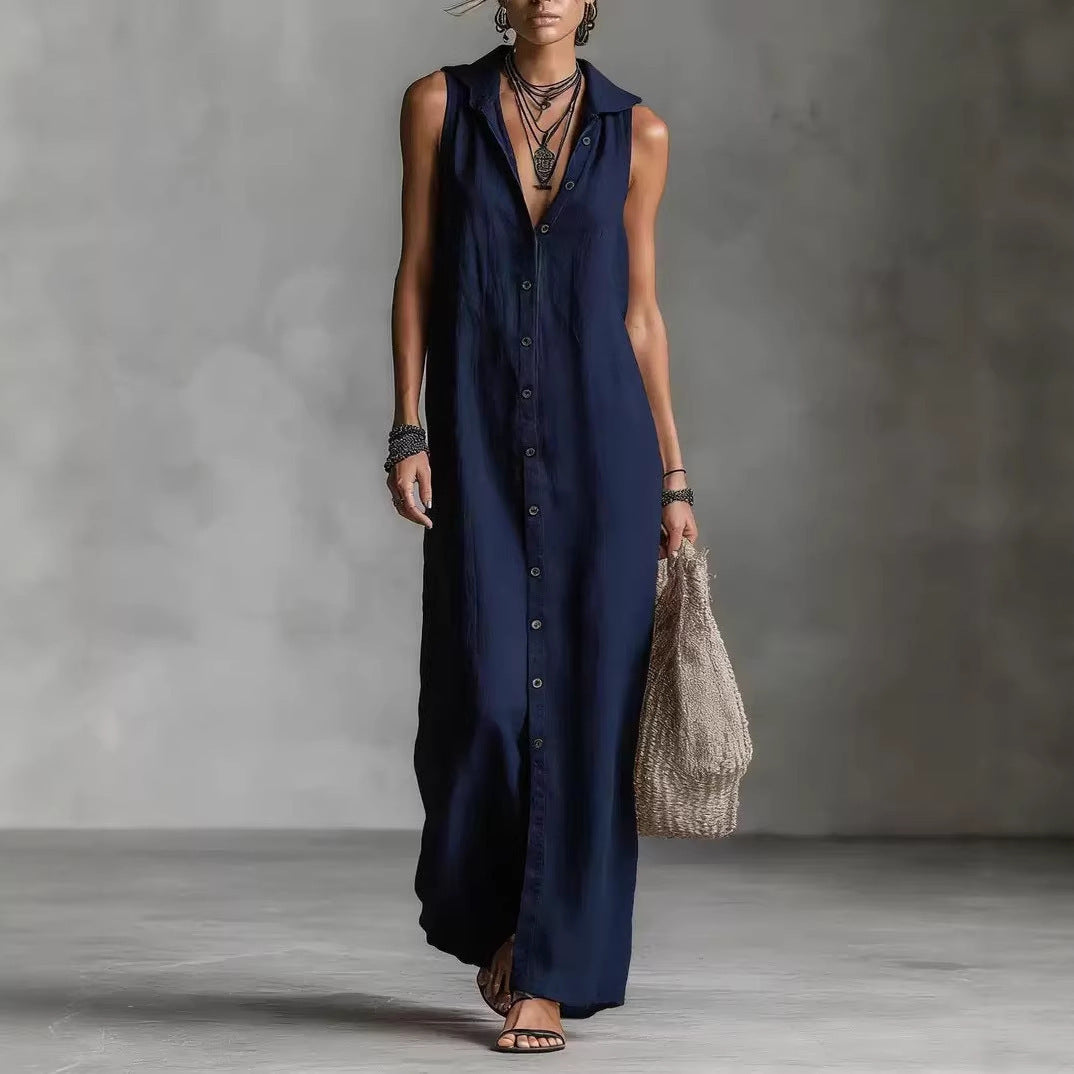 Sleeveless Hooded Maxi Dress With Button Placket Women's Clothing