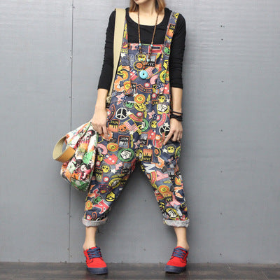 Printed denim bib overalls