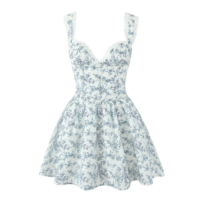 Elegant Celadon Print Keel Support Girdle Mini Dress