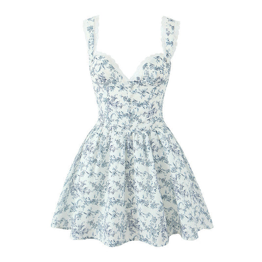 Elegant Celadon Print Keel Support Girdle Mini Dress