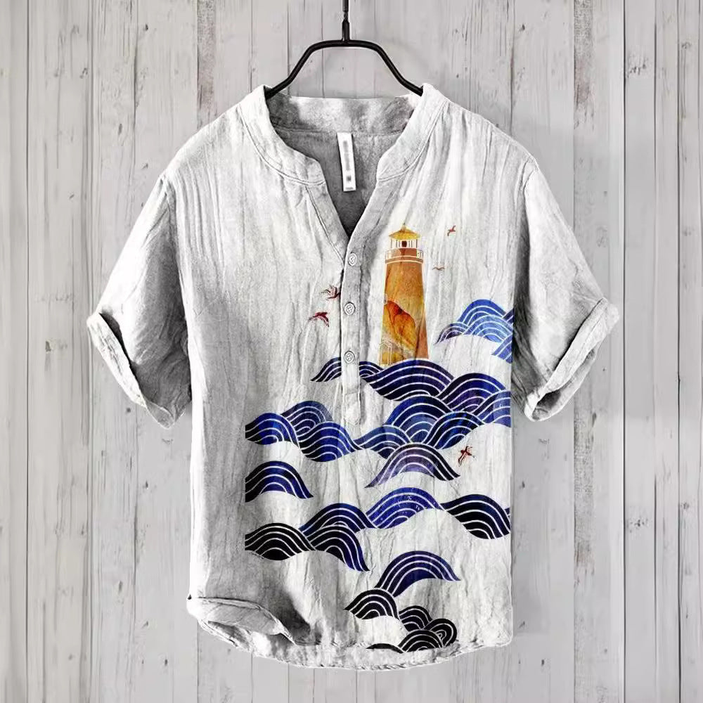 Literary Men's Ocean Print Linen Short Sleeve Loose Casual Top