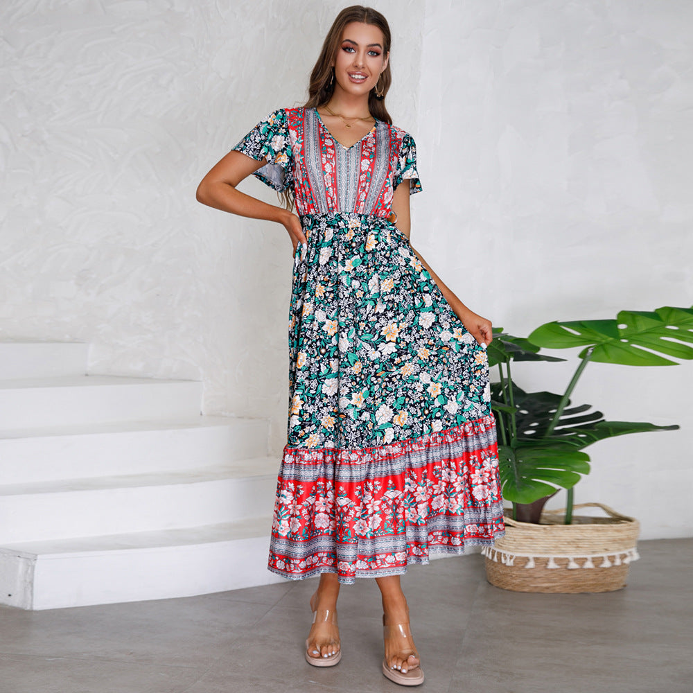 Women's Graceful And Fashionable V-neck Ruffle Floral Print Dress